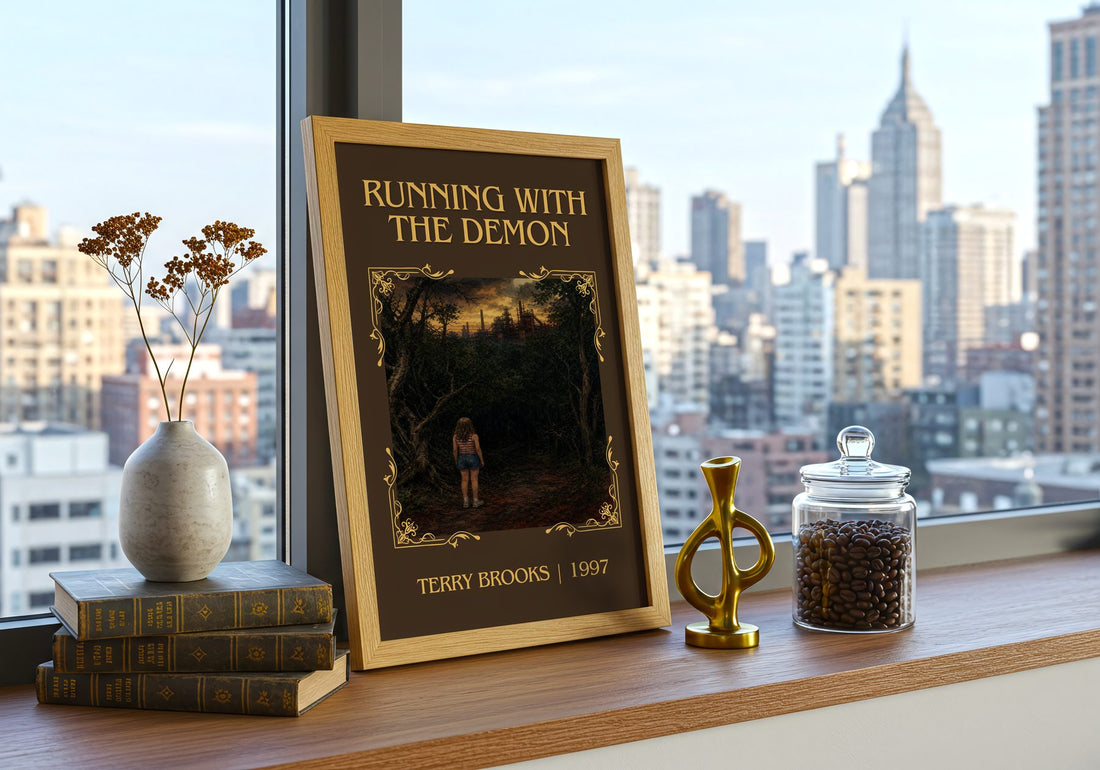 Running with the Demon Classic Book Art Print by Terry Brooks – framed print on a city-view windowsill