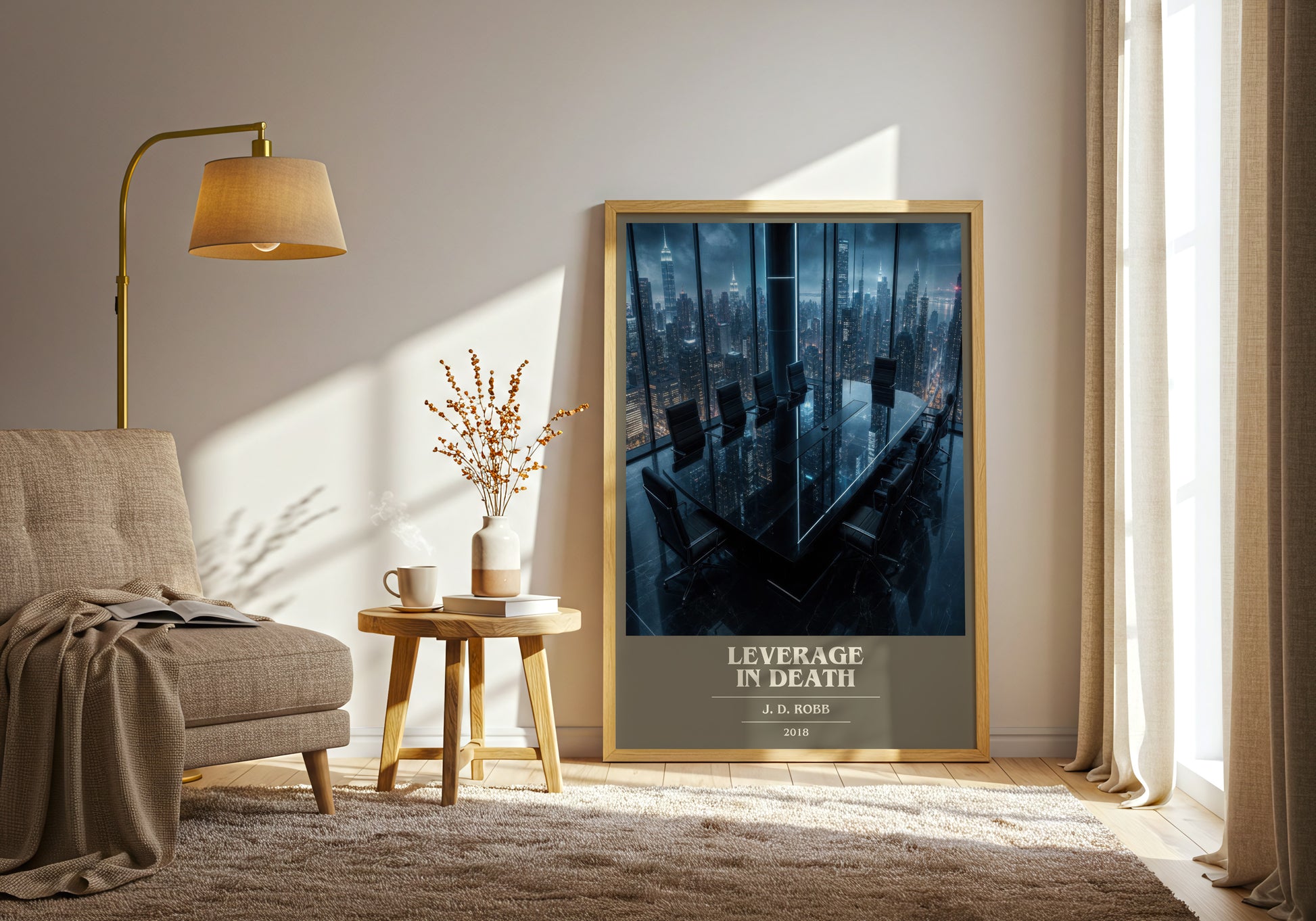 Leverage In Death book cover print on bookshelf – J. D. Robb fan gift