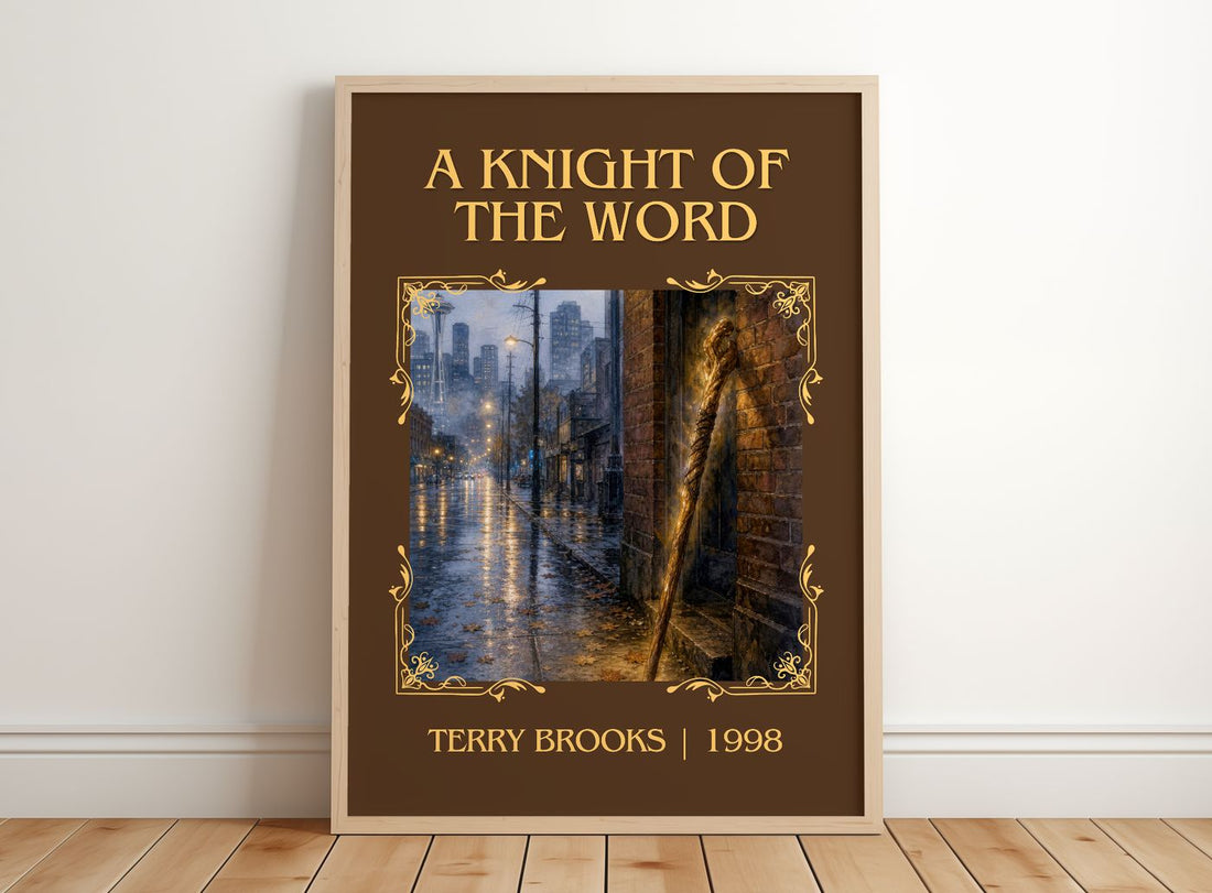 A Knight of the Word Classic Book Art Print by Terry Brooks – framed print leaning on a wooden floor