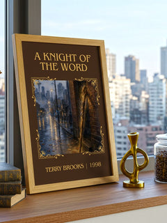 A Knight of the Word Classic Book Art Print by Terry Brooks – framed print on a city-view windowsill