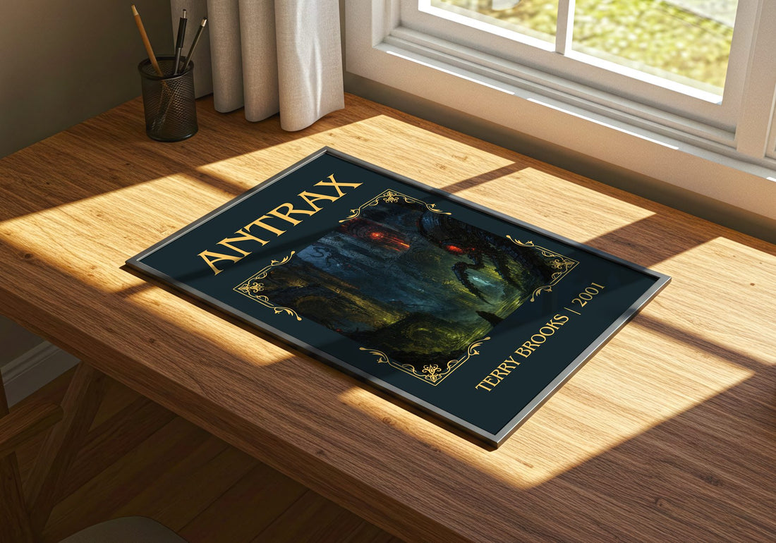 Antrax Classic Book Art Print by Terry Brooks – print on a sunlit desk