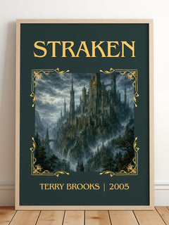 Straken Classic Book Art Print by Terry Brooks – framed print leaning on a wooden floor