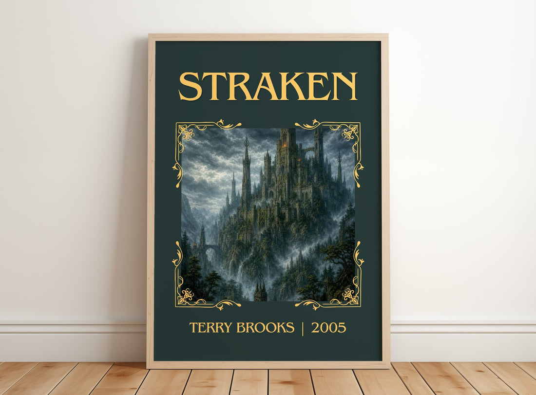 Straken Classic Book Art Print by Terry Brooks – framed print leaning on a wooden floor