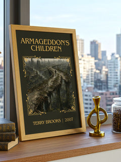 Armageddon's Children Classic Book Art Print by Terry Brooks – framed print on a city-view windowsill