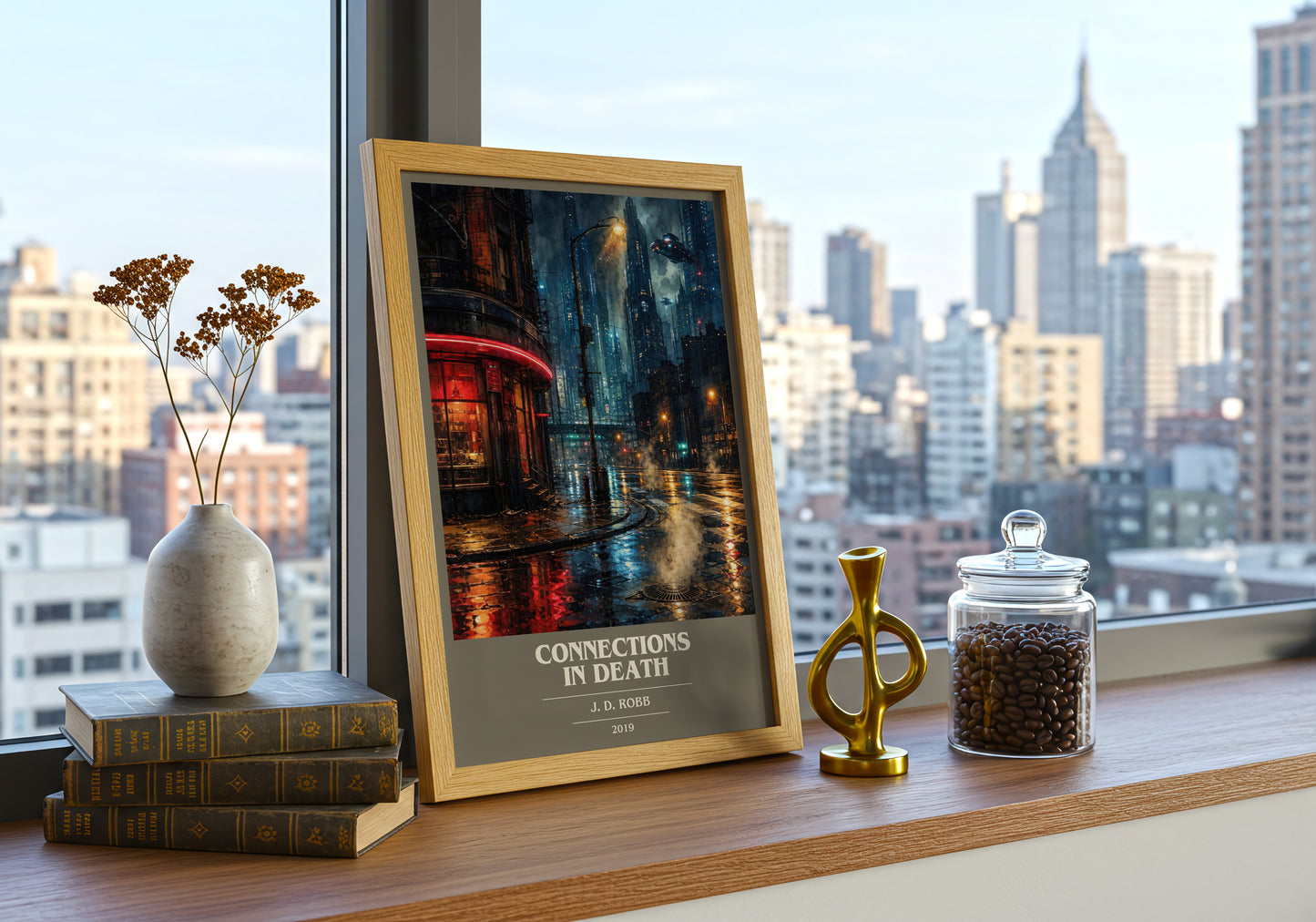 Connections In Death book cover print framed by window – literary home decor