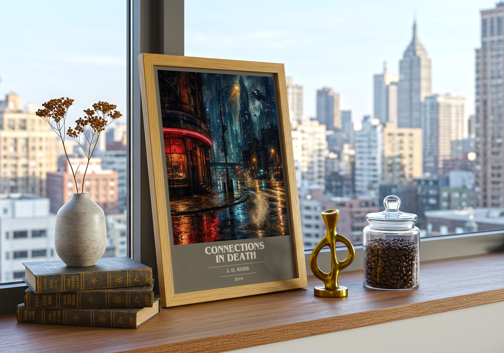 Connections In Death book cover print framed by window – literary home decor