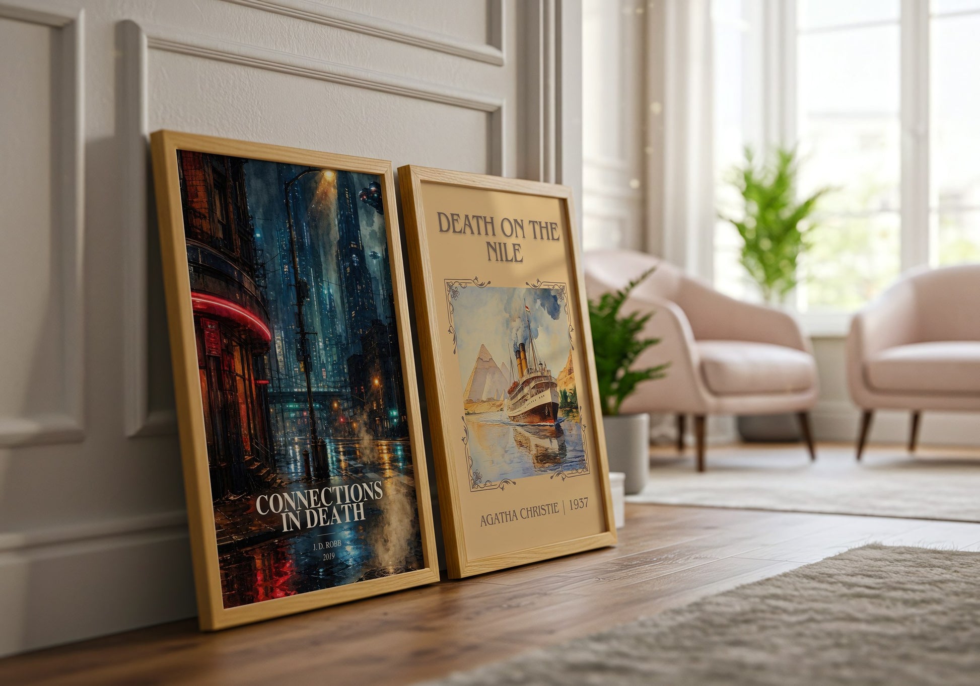 Connections In Death watercolour print framed by window – literary home decor