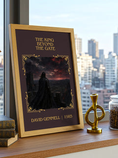 The King Beyond the Gate Classic Book Art Print by David Gemmell – framed print on a city-view windowsill