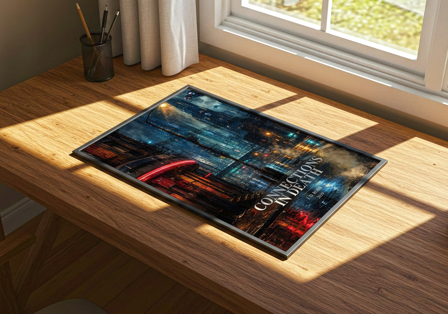 Connections In Death watercolour book poster framed on wall – thriller wall art