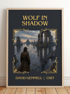 Wolf in Shadow Classic Book Art Print by David Gemmell – framed print leaning on a wooden floor