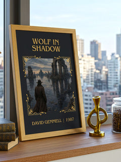 Wolf in Shadow Classic Book Art Print by David Gemmell – framed print on a city-view windowsill