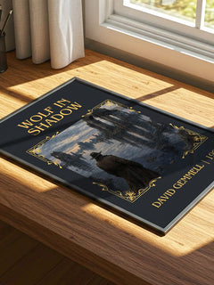 Wolf in Shadow Classic Book Art Print by David Gemmell – print on a sunlit desk