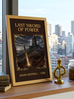 Last Sword of Power Classic Book Art Print by David Gemmell – framed print on a city-view windowsill