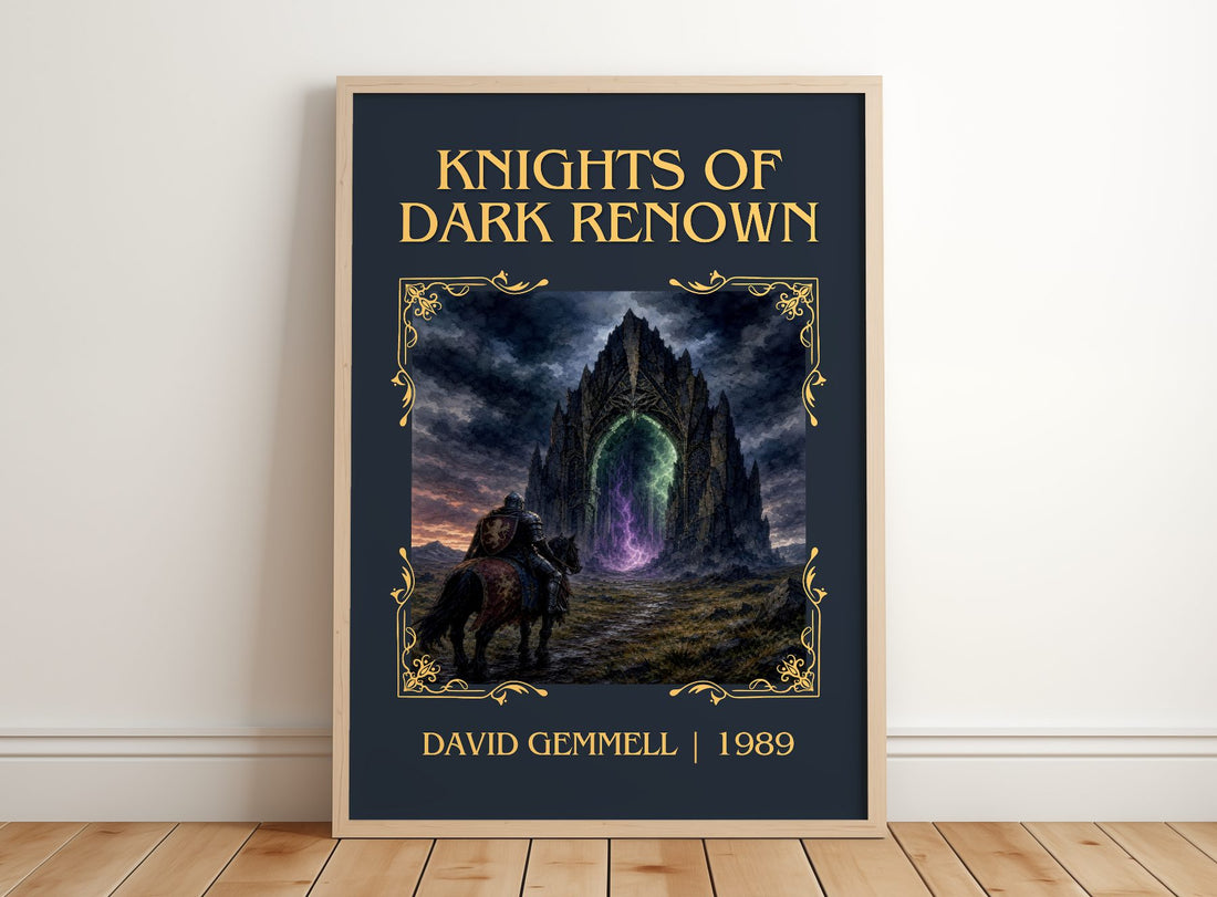Knights of Dark Renown Classic Book Art Print by David Gemmell – framed print leaning on a wooden floor