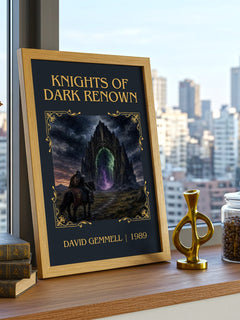 Knights of Dark Renown Classic Book Art Print by David Gemmell – framed print on a city-view windowsill