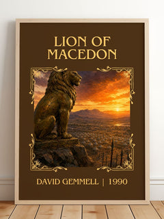 Lion of Macedon Classic Book Art Print by David Gemmell – framed print leaning on a wooden floor