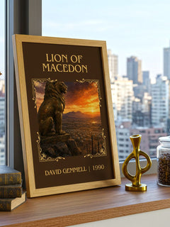 Lion of Macedon Classic Book Art Print by David Gemmell – framed print on a city-view windowsill
