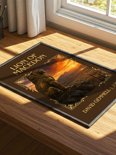 Lion of Macedon Classic Book Art Print by David Gemmell – print on a sunlit desk