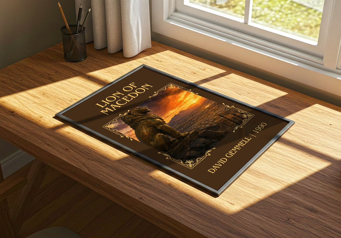 Lion of Macedon Classic Book Art Print by David Gemmell – print on a sunlit desk