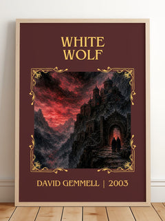 White Wolf Classic Book Art Print by David Gemmell – framed print leaning on a wooden floor