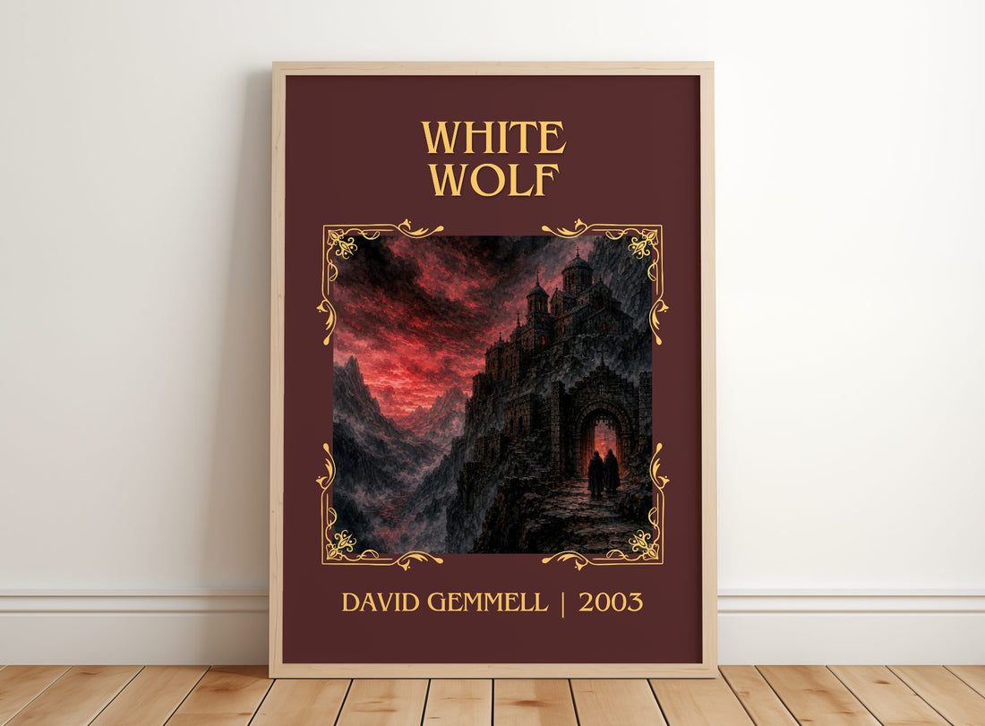 White Wolf Classic Book Art Print by David Gemmell – framed print leaning on a wooden floor