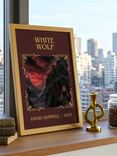 White Wolf Classic Book Art Print by David Gemmell – framed print on a city-view windowsill
