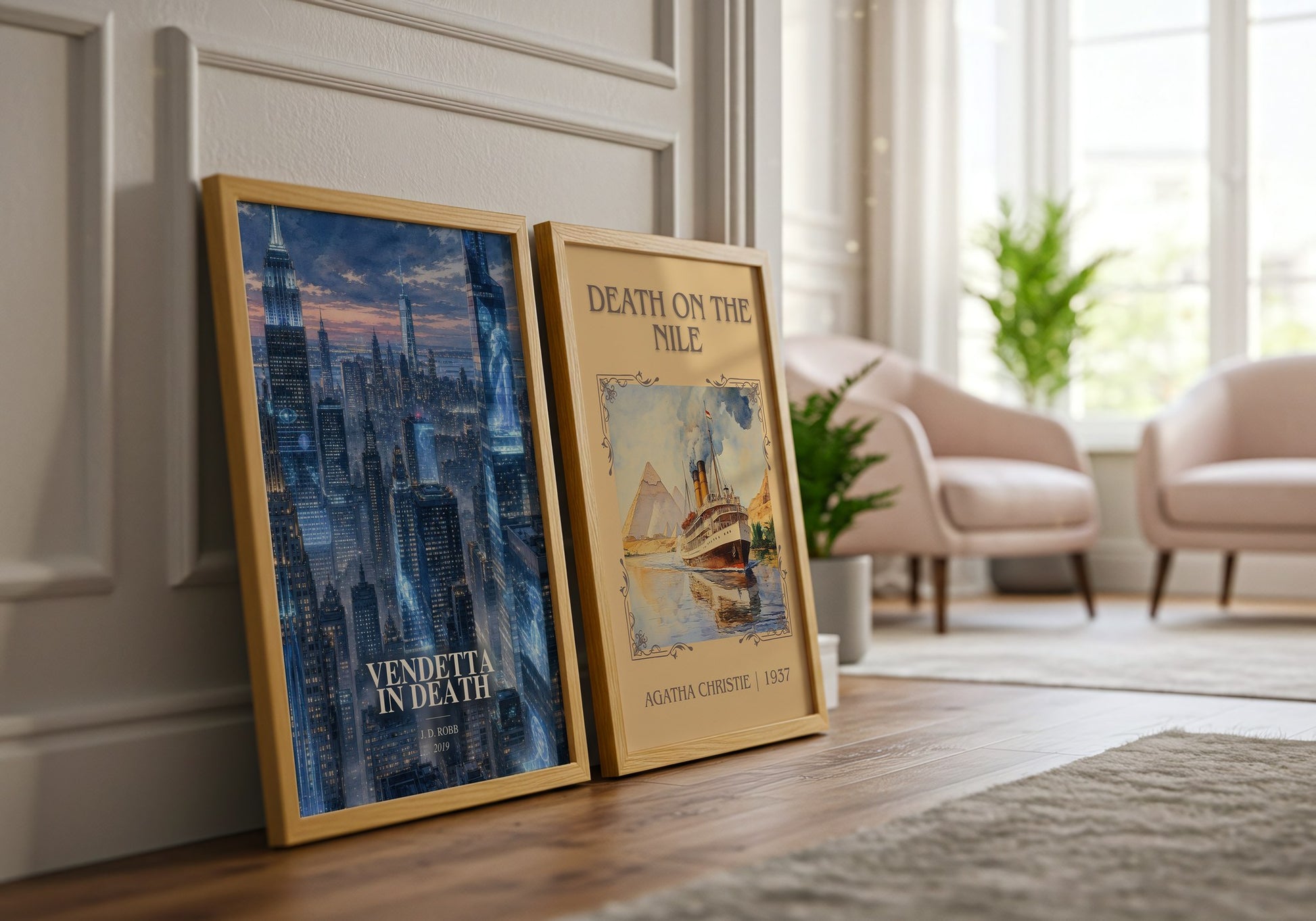 Vendetta In Death watercolour print framed by window – literary home decor