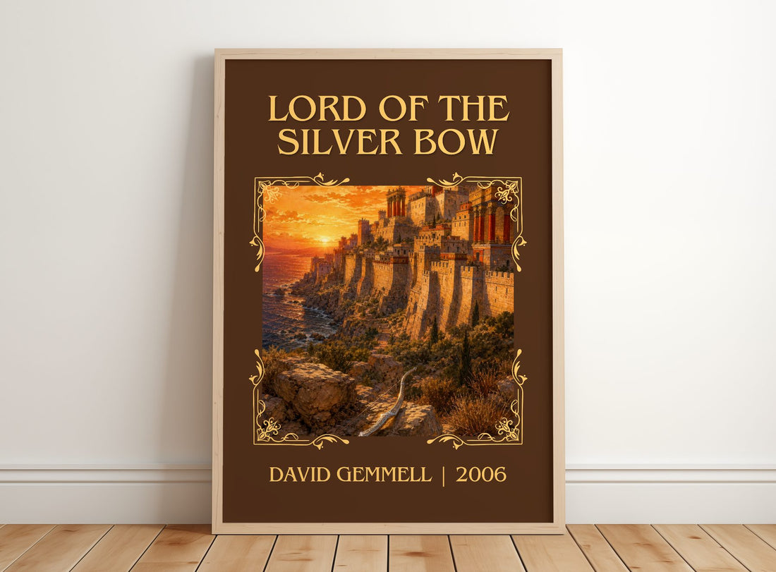 Lord of the Silver Bow Classic Book Art Print by David Gemmell – framed print leaning on a wooden floor