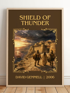 Shield of Thunder Classic Book Art Print by David Gemmell – framed print leaning on a wooden floor