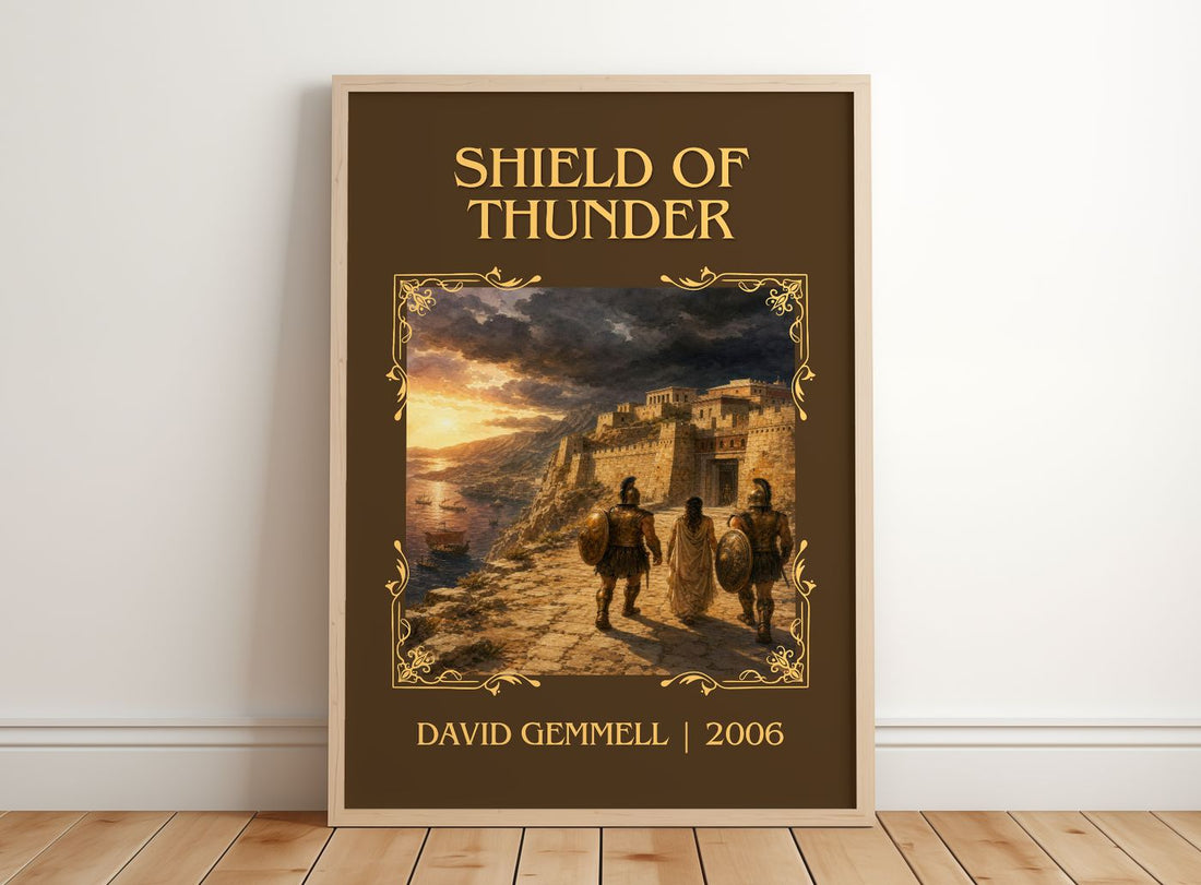 Shield of Thunder Classic Book Art Print by David Gemmell – framed print leaning on a wooden floor