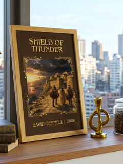 Shield of Thunder Classic Book Art Print by David Gemmell – framed print on a city-view windowsill