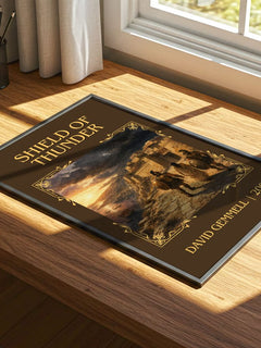 Shield of Thunder Classic Book Art Print by David Gemmell – print on a sunlit desk