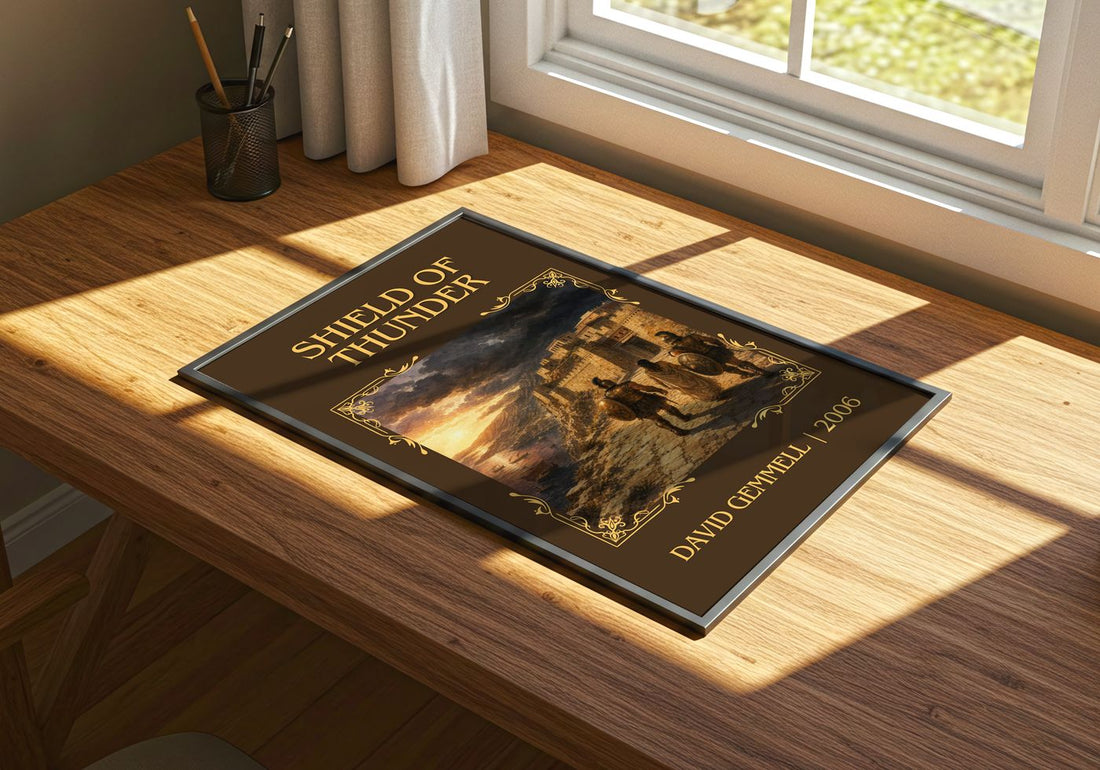 Shield of Thunder Classic Book Art Print by David Gemmell – print on a sunlit desk