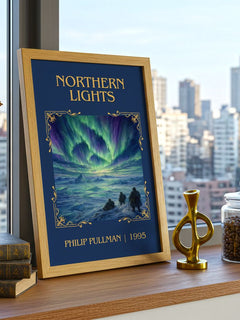 Northern Lights Classic Book Art Print by Philip Pullman – framed print on a city-view windowsill