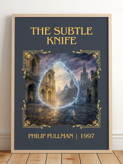 The Subtle Knife Classic Book Art Print by Philip Pullman – framed print leaning on a wooden floor