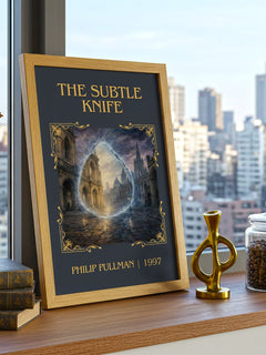 The Subtle Knife Classic Book Art Print by Philip Pullman – framed print on a city-view windowsill