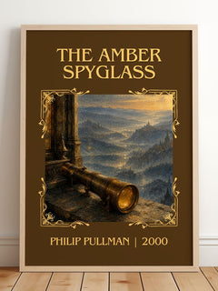 The Amber Spyglass Classic Book Art Print by Philip Pullman – framed print leaning on a wooden floor