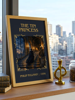 The Tin Princess Classic Book Art Print by Philip Pullman – framed print on a city-view windowsill