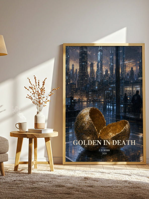 Golden In Death watercolour print in frame leaning in hallway – thriller wall art