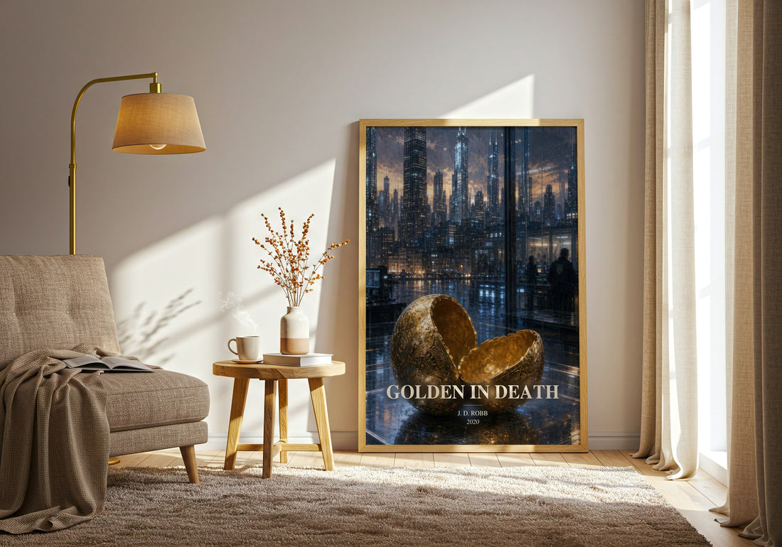 Golden In Death watercolour print in frame leaning in hallway – thriller wall art
