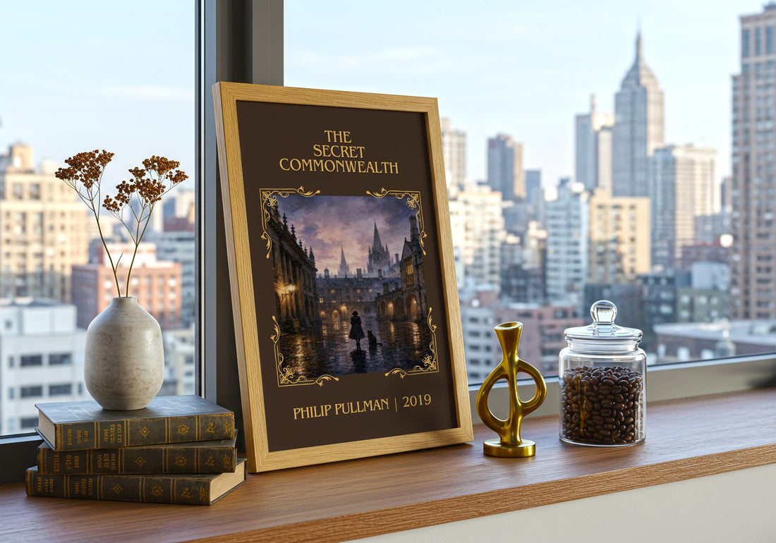 The Secret Commonwealth Classic Book Art Print by Philip Pullman – framed print on a city-view windowsill