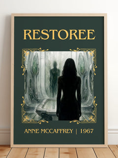 Restoree Classic Book Art Print by Anne McCaffrey – framed print leaning on a wooden floor