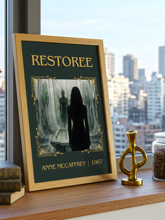 Restoree Classic Book Art Print by Anne McCaffrey – framed print on a city-view windowsill