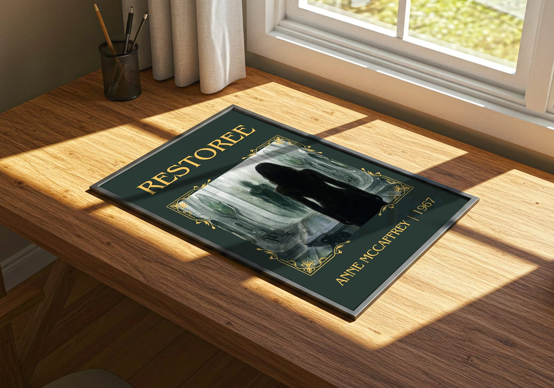 Restoree Classic Book Art Print by Anne McCaffrey – print on a sunlit desk