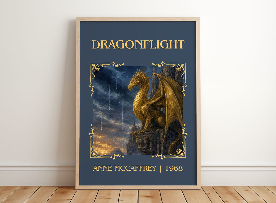 Dragonflight Classic Book Art Print by Anne McCaffrey – framed print leaning on a wooden floor