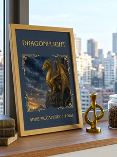 Dragonflight Classic Book Art Print by Anne McCaffrey – framed print on a city-view windowsill