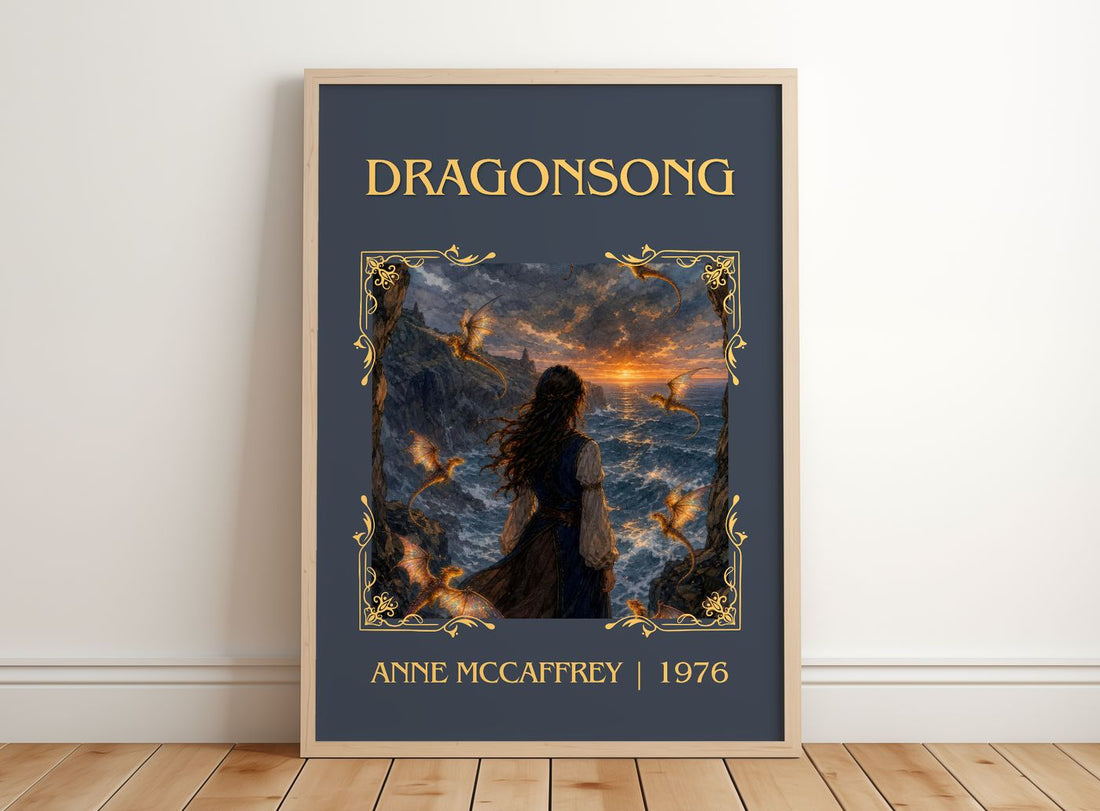 Dragonsong Classic Book Art Print by Anne McCaffrey – framed print leaning on a wooden floor