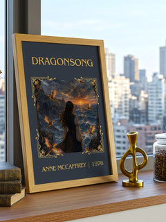 Dragonsong Classic Book Art Print by Anne McCaffrey – framed print on a city-view windowsill