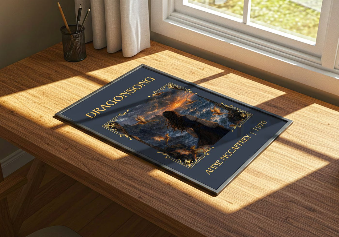 Dragonsong Classic Book Art Print by Anne McCaffrey – print on a sunlit desk