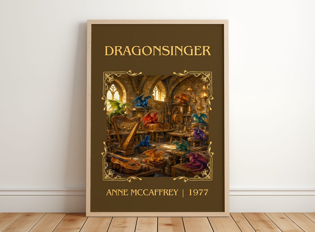 Dragonsinger Classic Book Art Print by Anne McCaffrey – framed print leaning on a wooden floor